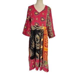 Kantha Long Sleeve Maxi Dress Handmade Boho Paisley  Patchwork